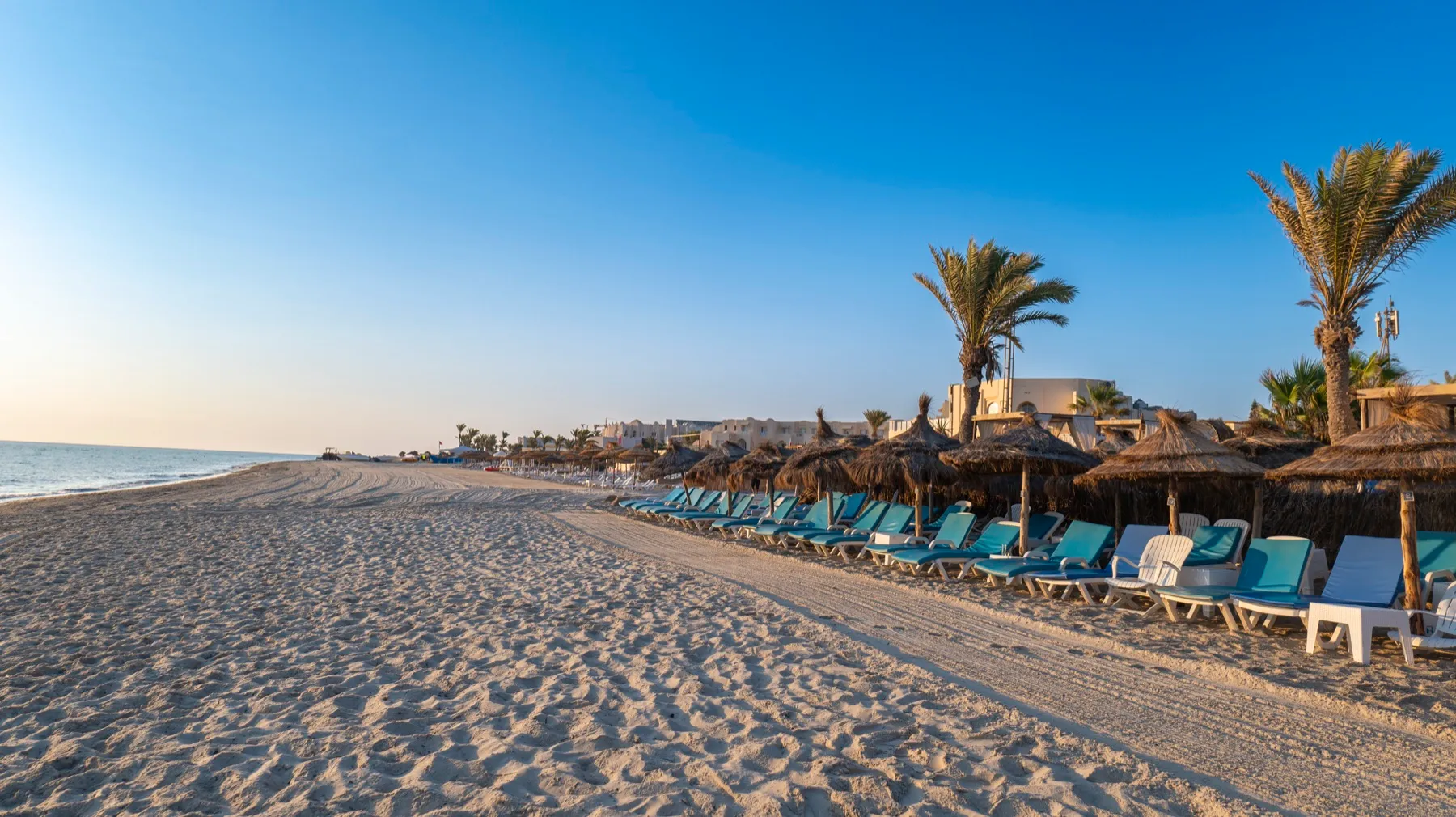 La plage de Sidi Mehrez à Djerba : sable blanc, transats et parasols en palmes au bord de la Méditerranée